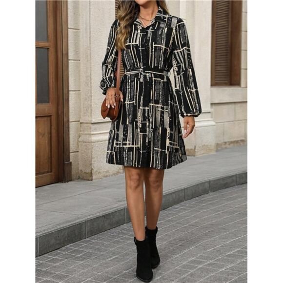 Line Pattern Printed, Waist Belt Cinched, Long-Sleeve Fall Women Dresses - Picture 6 of 6